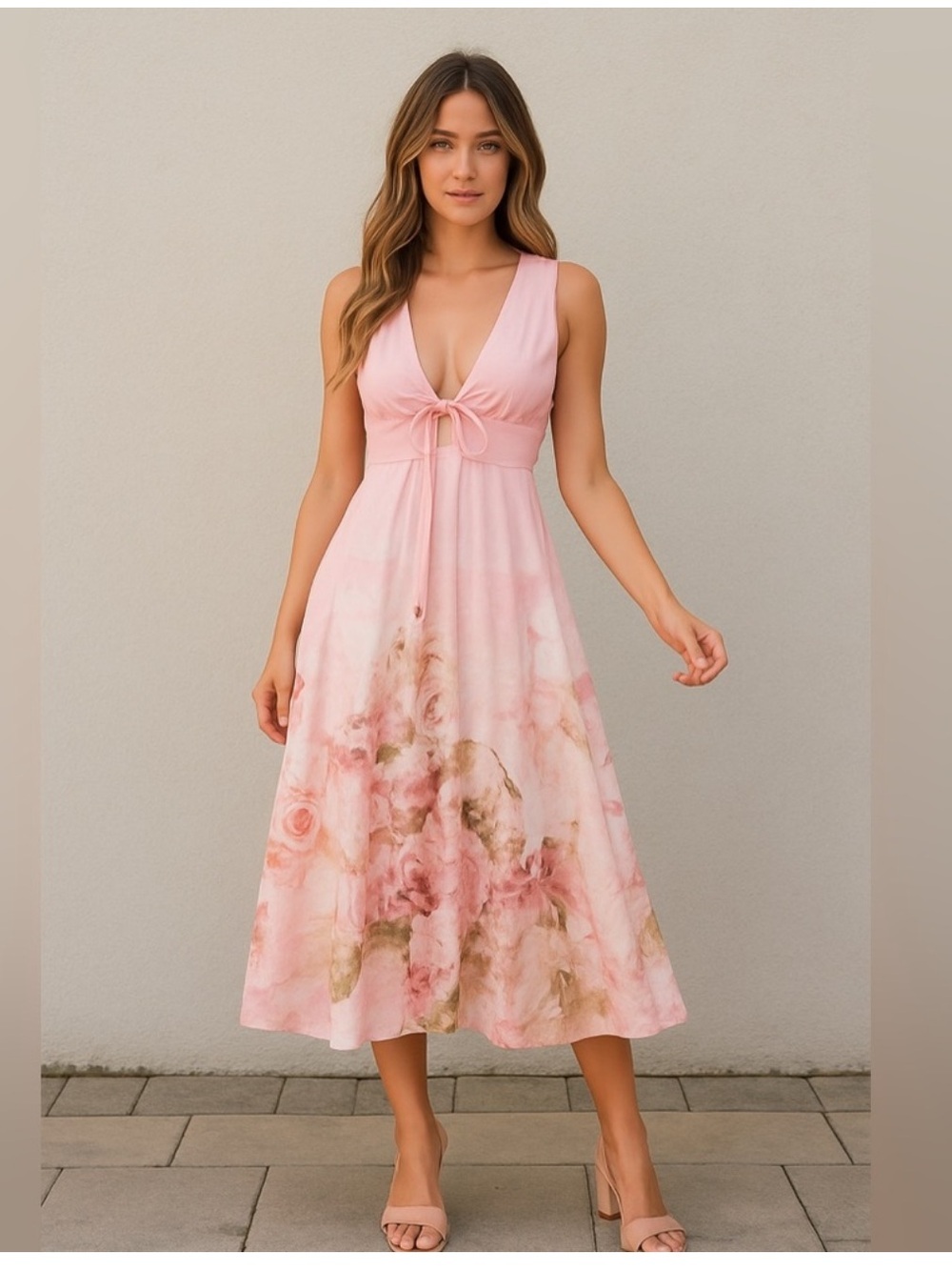 Commense Floral Pink Midi Dress